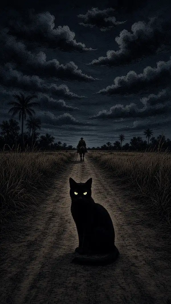 Un gato negro sentado en el medio de un camino de tierra correntino, de noche, con palmeras y pastizales a los costados.