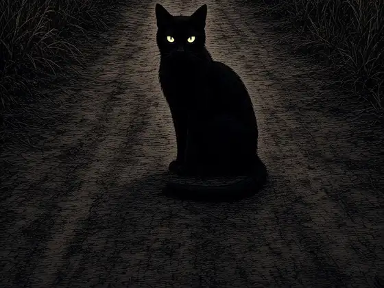 Un gato negro sentado en el medio de un camino de tierra correntino, de noche, con palmeras y pastizales a los costados.