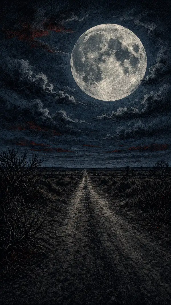 La Ruta 34 recta y vacía bajo una luna llena enorme, atravesando el monte santiagueño.