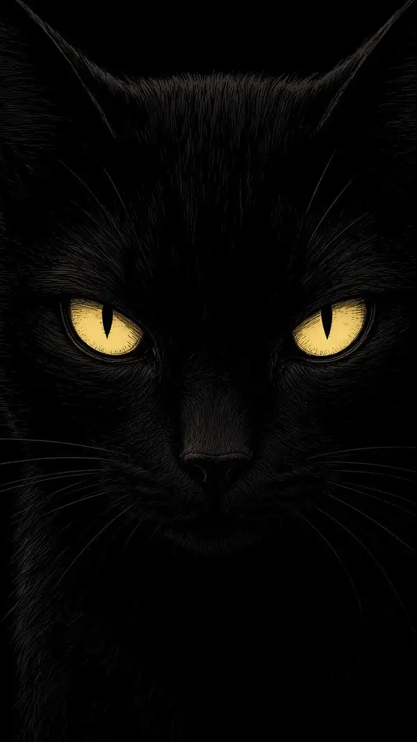Primer plano de un gato negro enorme con ojos amarillos que brillan en la oscuridad.