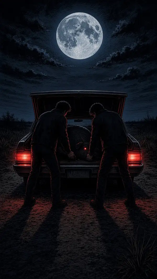 Dos muchachos inclinados sobre el baúl abierto de un auto, de noche y bajo la luna llena, en una ruta de Santiago del Estero.