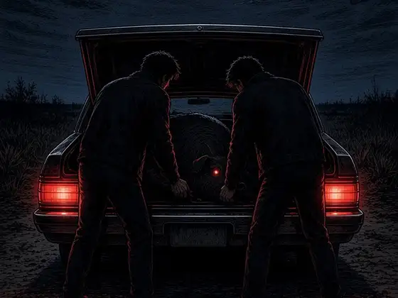 Dos muchachos inclinados sobre el baúl abierto de un auto, de noche y bajo la luna llena, en una ruta de Santiago del Estero.