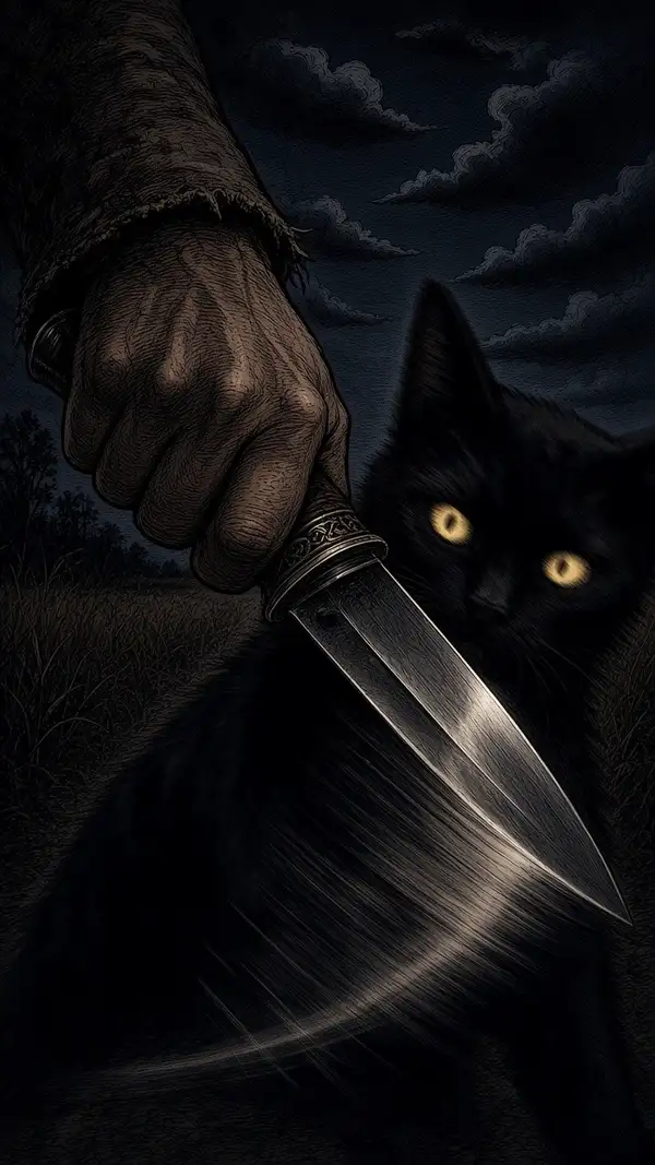 La mano de un gaucho empuña un facón frente a un gato negro de ojos amarillos.