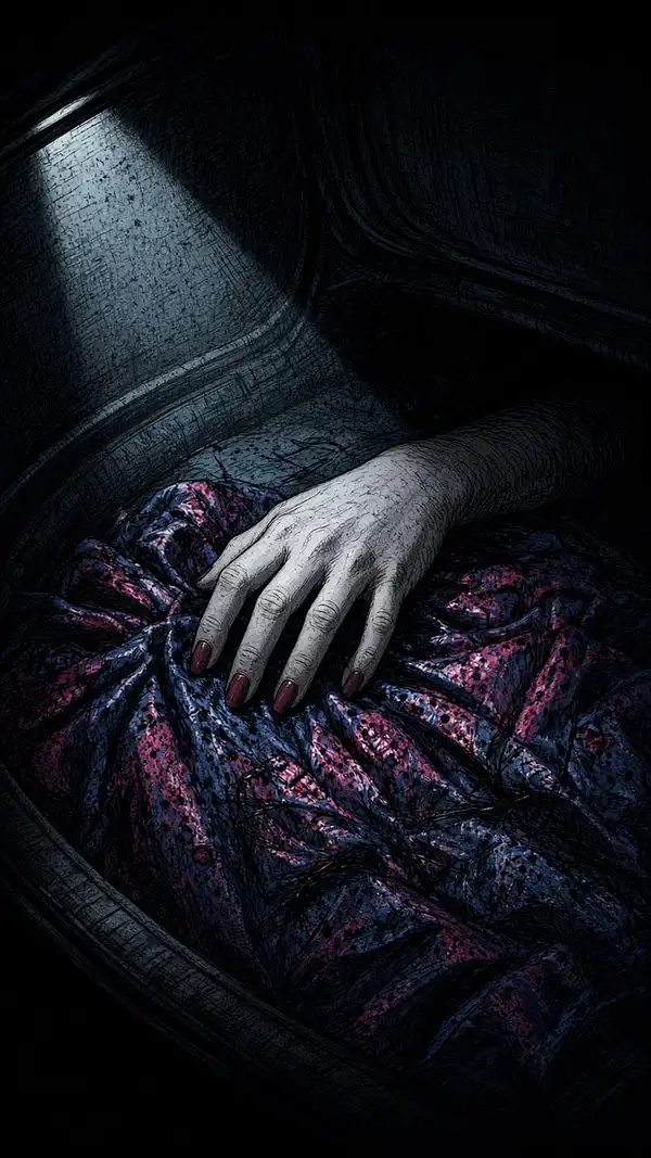 Una mano de mujer asoma de una tela estampada dentro del baúl iluminado por una linterna.
