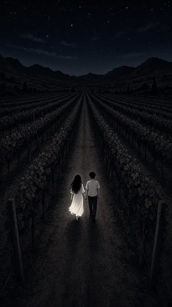 Dos figuras caminan de la mano entre las hileras de un viñedo de Cafayate, de noche, con los cerros detrás.