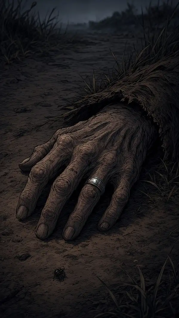 Una mano de mujer pálida, con un anillo de plata, tirada sobre la tierra del patio.