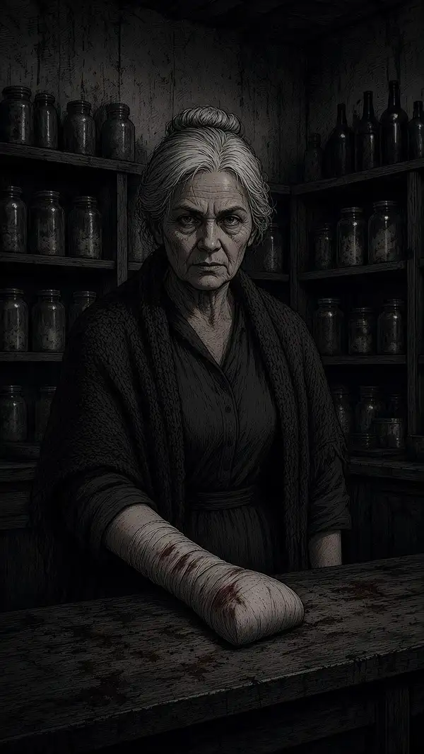 Doña Rosa, una mujer mayor de pelo gris, detrás del mostrador de su almacén con el brazo vendado con un trapo.