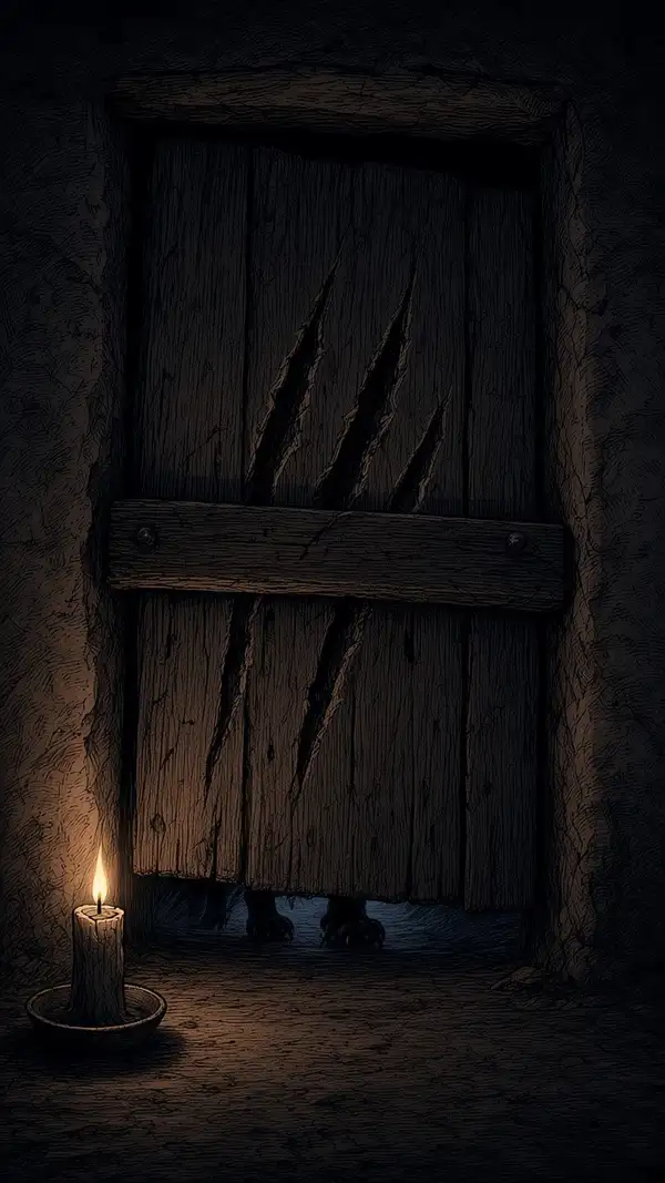La puerta de madera de un rancho con marcas profundas de rasguños, iluminada por una vela.