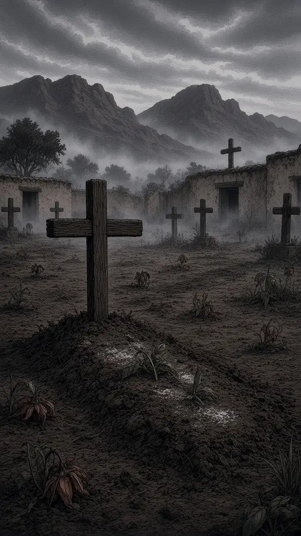 Una cruz de madera sobre una tumba sin nombre en el cementerio de Cafayate, con los cerros nublados al fondo.
