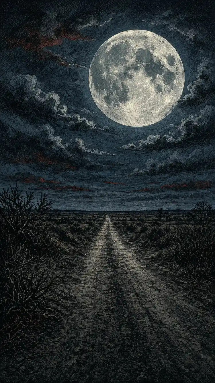 Una ruta recta y desierta del norte argentino bajo una luna llena enorme, de noche.